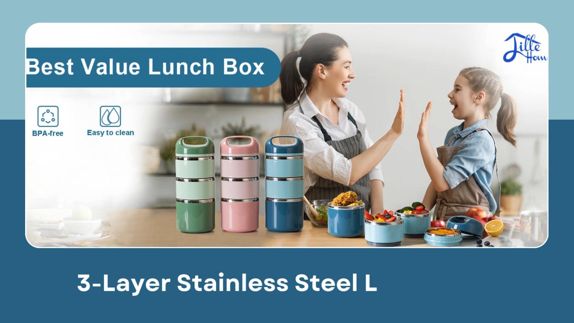 Amazon.com: Lille Home 3-Layer Stainless Steel Lunch Box 1.43L